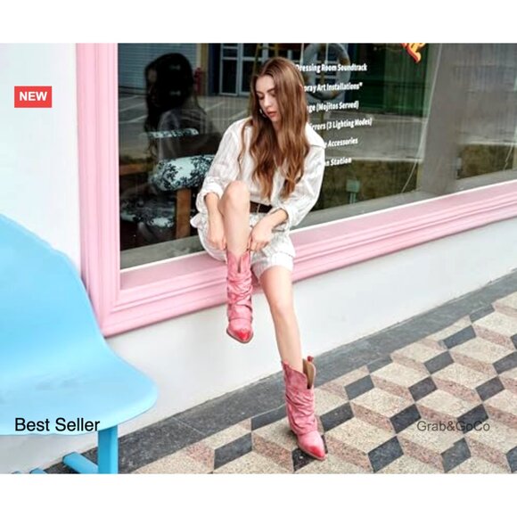 Wide Calf Cowboy Boots Chunky Heel Retro Western Mid Calf Vintage Style - Picture 3 of 7